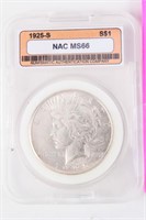 Coin 1925-S Peace Silver Dollar NAC MS66