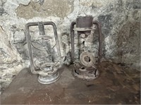 (2) ANTQ. RUSTY BARN LANTERNS (WALL HANGERS)