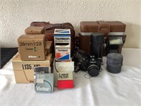 Vintage Nikon camera, cases and accessories