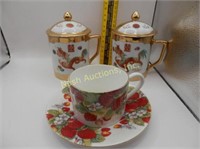 2 made in China mugs w/ lids, strawberry cup &