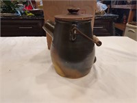 Brown crock with handles & spout, incorrect lid