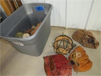 Assorted baseball gloves, catchers mat, bats