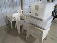 Several plastic stack tables, chairs, clear totes