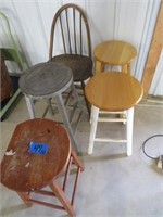 4 asst.bar stools 1 antique plank chairs