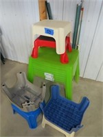 plastic step stools, screen, fence posts