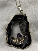 Sterling Silver Necklace w/ Geode Crystal Slice &