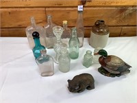 Assorted Glass Bottles, Crock & Figures