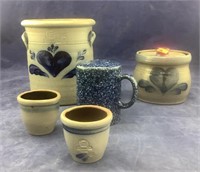 Rowe Pottery & Blue & White Speckled Shaker