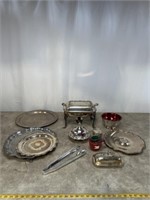Assortment of Metal Serving Trays and Glass