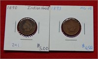 (2) Indian Head Cents -1890 & 1893