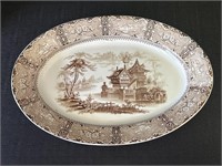 Brown & white serving platter, Asian scene