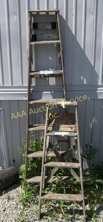 (2) wooden ladders one 6ft and 3ft ladder see