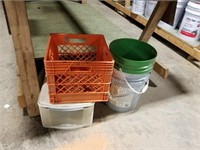 Plastic crates & 5 gallon bucket