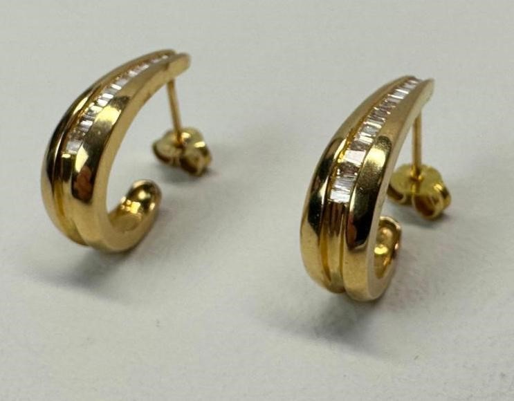 Pair of 14k Gold and Baguette Diamond Earrings