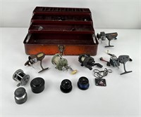 Vintage Metal Tackle Box w/ Fishing Reels & Parts