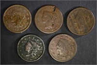 5 LARGE CENTS: 1838 G, 1839 G, 1840 AG,