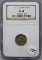 1873 Closed 3 NGC PF64 Three Cent Nickel.