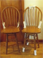 Pair Of Windsor Style Wooden Swivel Bar Stools