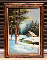 Winter Cabin by Creek Oil Painting by Candrell