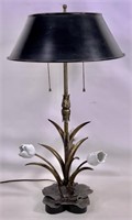 Tinshade table lamp, china flowers, gold wash tin