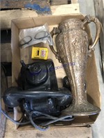 Brass vase, old phone, safety glasses, etc