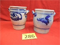 2 Antique Blue Cobalt Salt Glazed Two Handled Pots