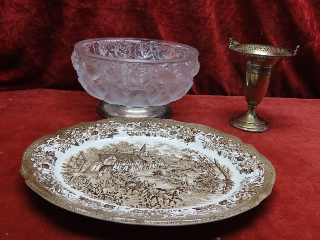 Frosted glass bowl, Silver plate flower basket,