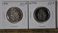 1991, 2002 Canada 50 cent coins