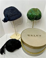 FEATHERED & BEADED VINTAGE HATS, HAT BOX