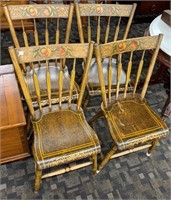 Set Of (4) Paint Decorated Plank Seat Chairs