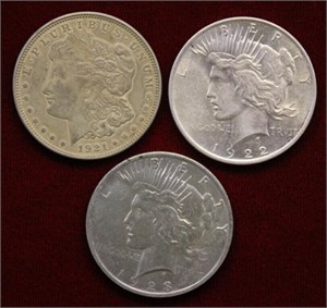 3 Silver Dollars: 1921 Morgan, 1922 &1923 Peace