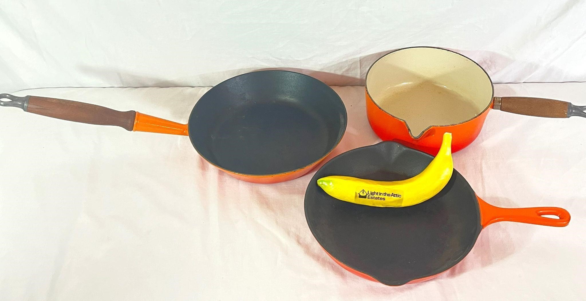 3 Vtg. Le Creuset Cast Iron Orange Pot & Pans