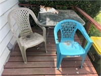 2PVC Chairs, glass Top Patio Table no Cat