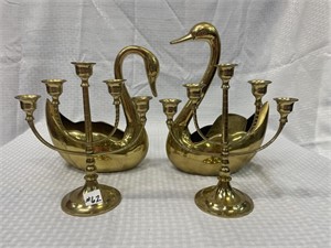 Brass Swans and two Candelabras