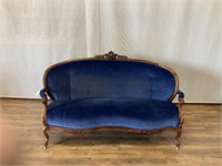 Victorian Wood Trim Blue Sofa - Cracked/Wear