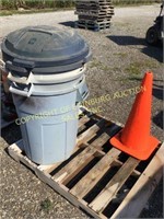 3 Poly Trash Cans w/ Lids & Traffic Cone