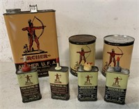 7 empty Archer products cans