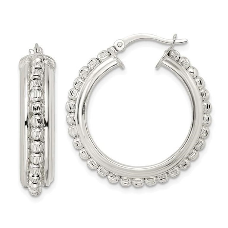 Sterling Silver Diamond-cut Beaded Hoop Earrings