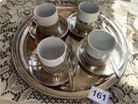 4 DEMITASSE CUPS & SAUCERS, LINER TRAY AND SPOONS