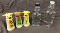 Lincoln syrup bank bottles, cow creamers