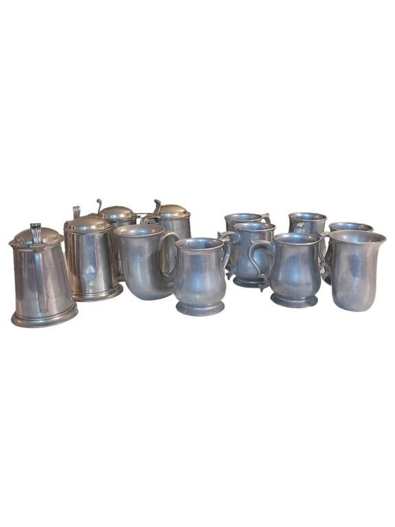 Large Grouping of pewter stines and mugs