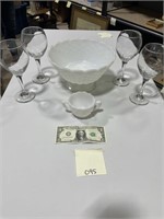 Beautiful Milk Glass Fruit Bowl& Wine Glasses