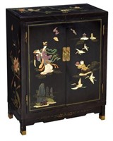 CHINESE BLACK LACQUER & STONE FIGURAL CABINET