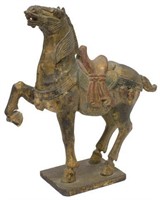 CHINESE TANG STYLE CARVED & PARCEL GILT WOOD HORSE