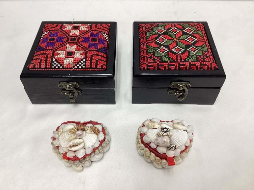 Two Cross-Stitched Boxes, Two Shell Boxes