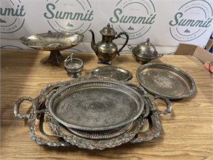 Silver Plate Compote, Teapot, serving trays
