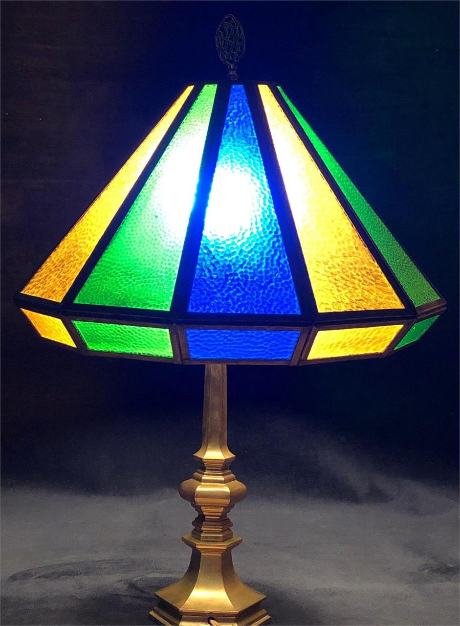 Vintage MCM Textured Glass & Brass Lamp