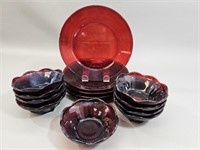 Lot: Vtg. Ruby Glass-5 Plates, 9 Bowls