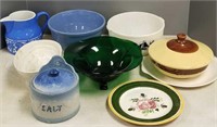 Group of pottery and glassware including salt box