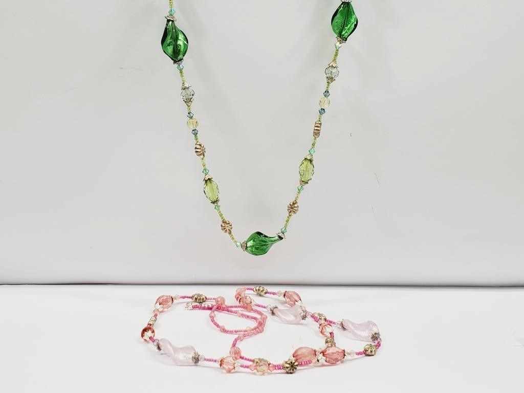 Lot of 2 Necklaces Pink & Green  36" long